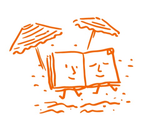 A hand-drawn open book with a sleepy face, lying on the beach under two parasols